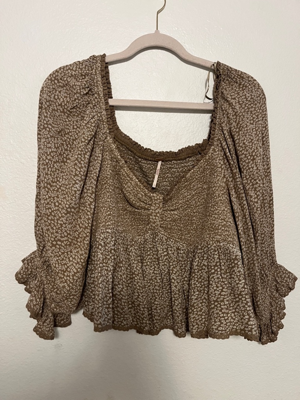 Free People Smocked Floral Peasant Blouse - Olive green